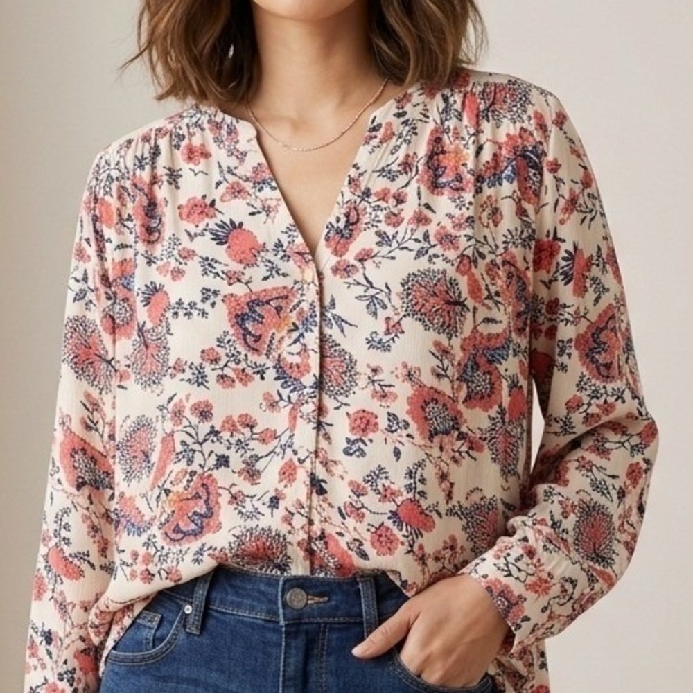 Nine West Womens Georgia Tunic Blouse Size S Colorful Floral Cottagecore Prairie